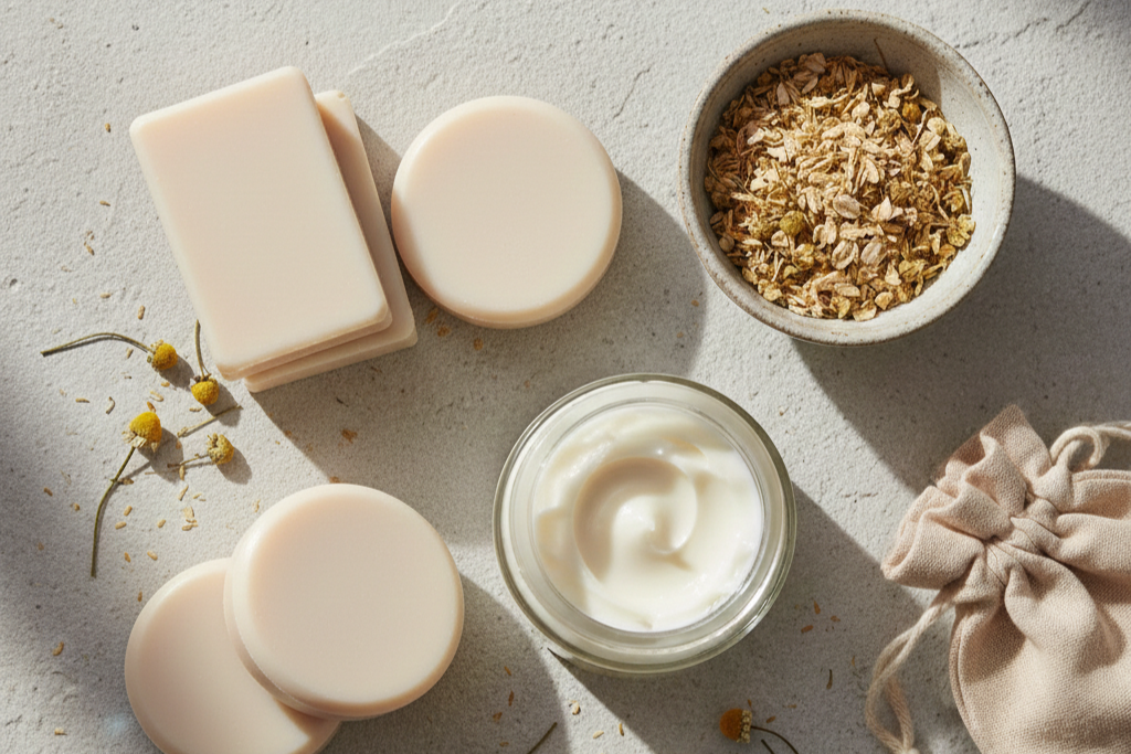 Přírodní zimní péče o citlivou a ekzematickou pokožku – mýdla, krém, oves a heřmánek na bezobalovém podkladu